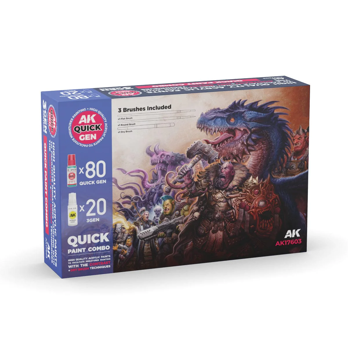 AK Interactive Quick Gen - Quick Paint Set 100 Colors (80 Quick Gen + 20 Acrylic 3rd Gen + 3 Brushes)